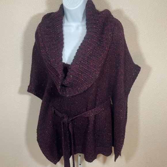 White House Black Market Poncho Sweater Mohair Wool Marled Knit Belted Metallic - Picture 2 of 13